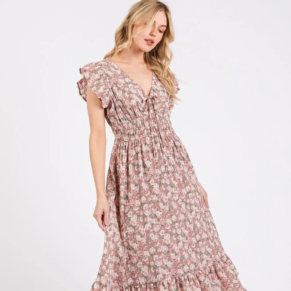 Mittoshop‎ Flower Print Ruffle Cap Sleeve V-neck Midi Dress